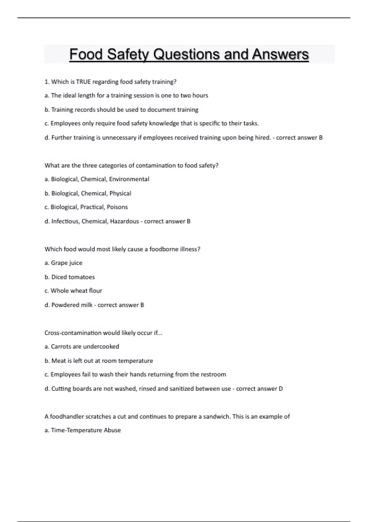 Food Safety Questions and Answers Exam with complete solutions latest