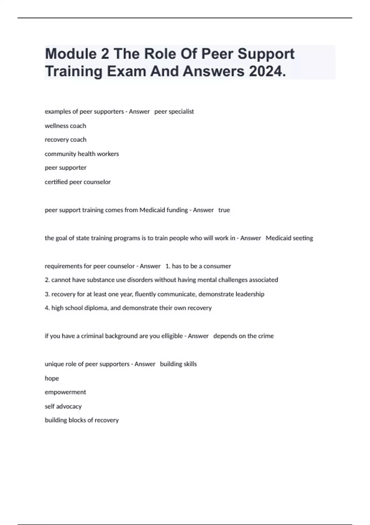 Peer Support Questions Module 2 The Role Of Peer Support Training Exam And Answers 2024 ...