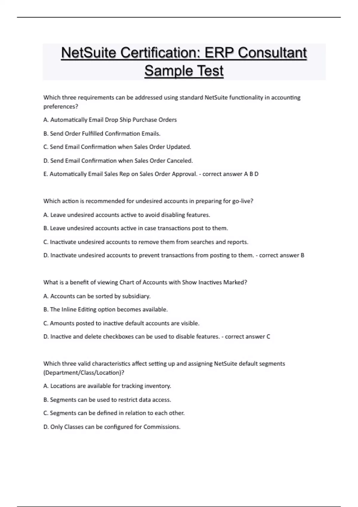 NetSuite Certification ERP Consultant Sample Test Exam with complete