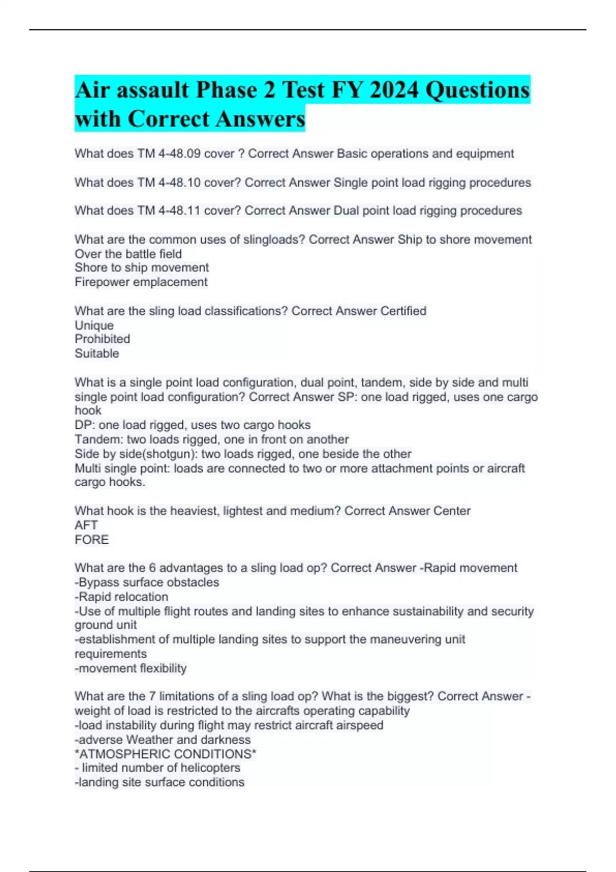Air assault Phase 2 Test FY 2024 Questions with Correct Answers - Air ...