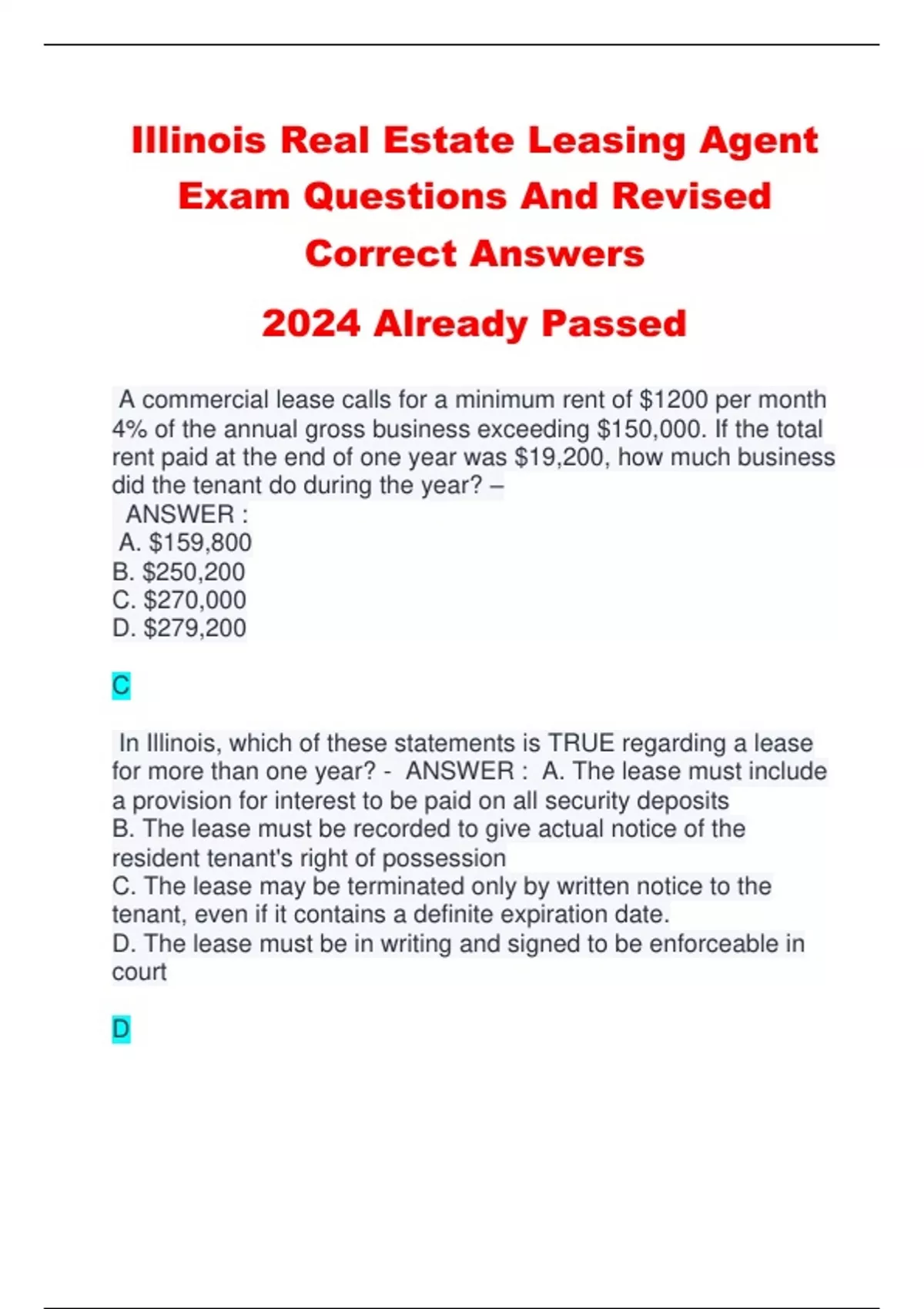 Illinois Real Estate Leasing Agent Exam Questions And Revised Correct Answers 2024 Already