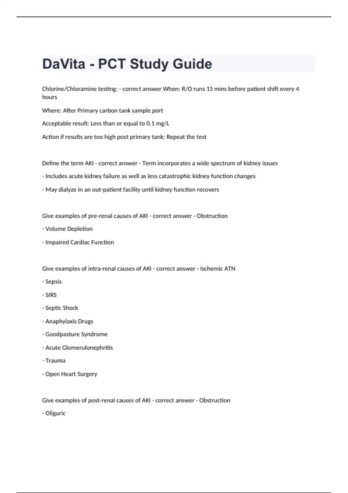 DaVita - PCT Study Guide question n answers graded A+ 2024/2025 ...