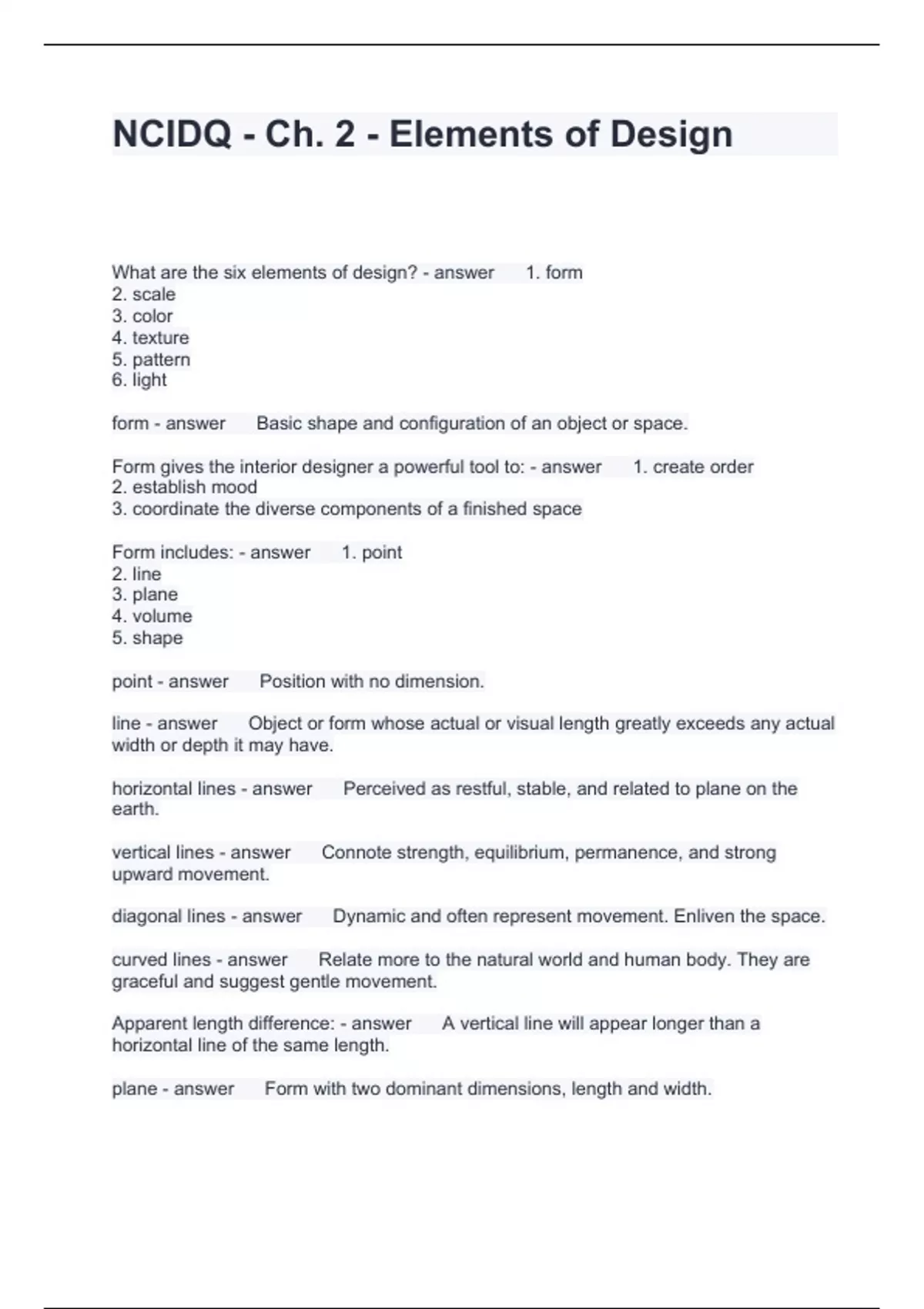 NCIDQ - Ch. 2 - Elements of Design Questions and Answers Latest Updated ...