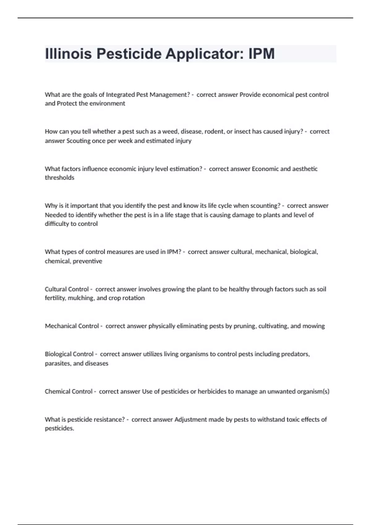 Illinois Pesticide Applicator IPM questions and answers certified 2024