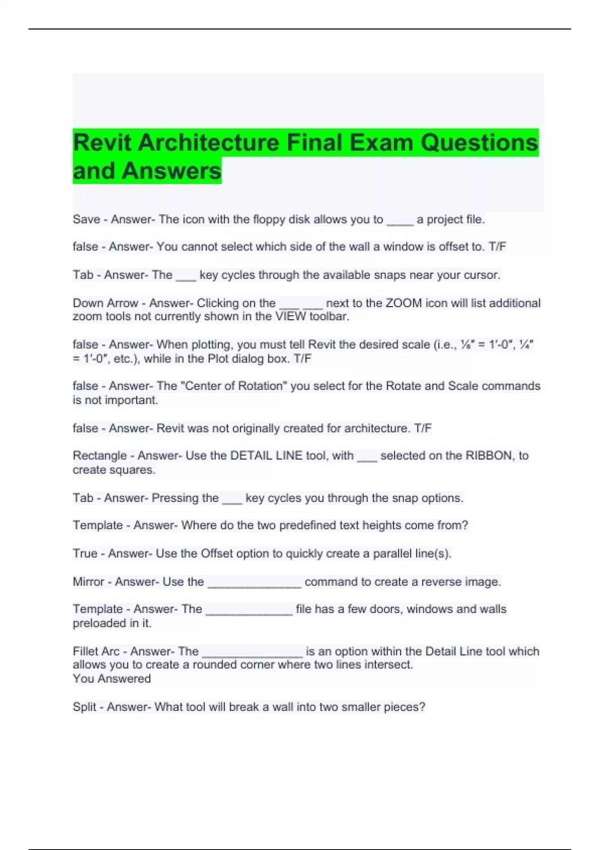 Revit Architecture Final Exam Questions and Answers REVIT Stuvia US