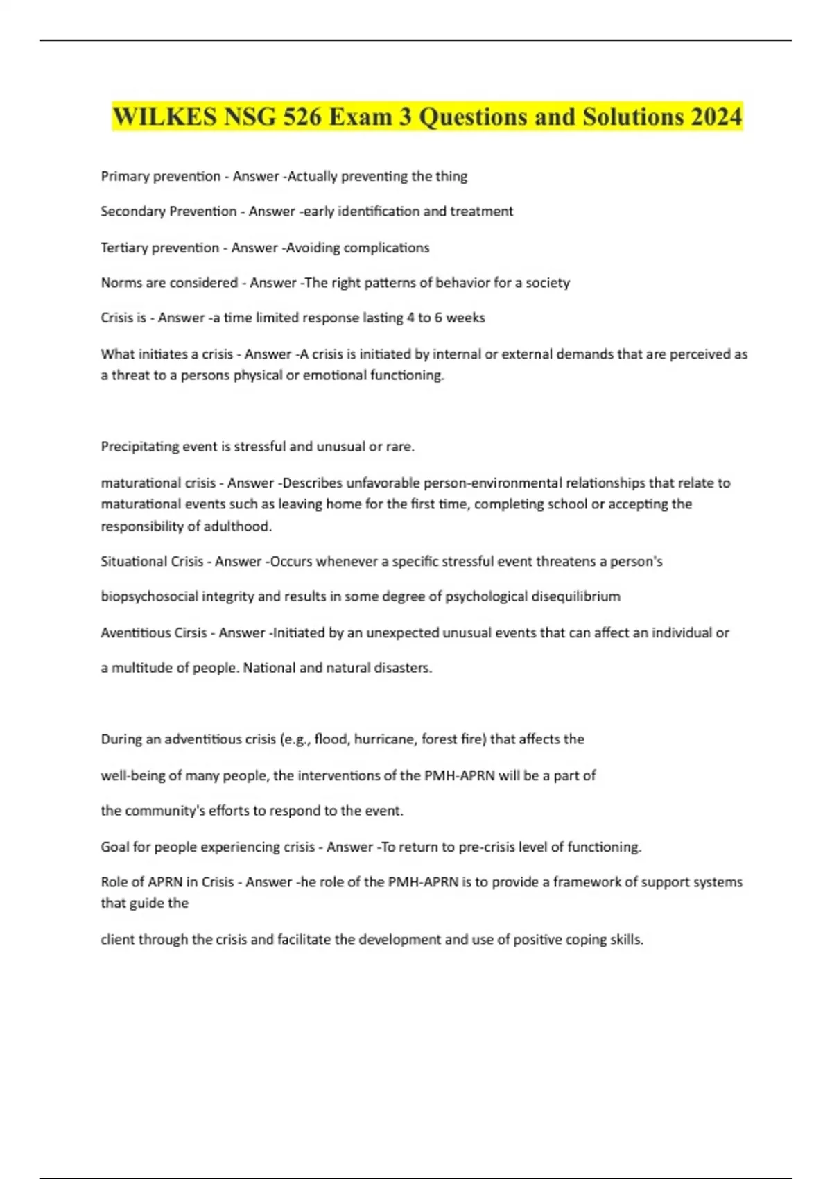 WILKES NSG 526 Exam 3 Questions and Solutions 2024 - NSG 526 - Stuvia US