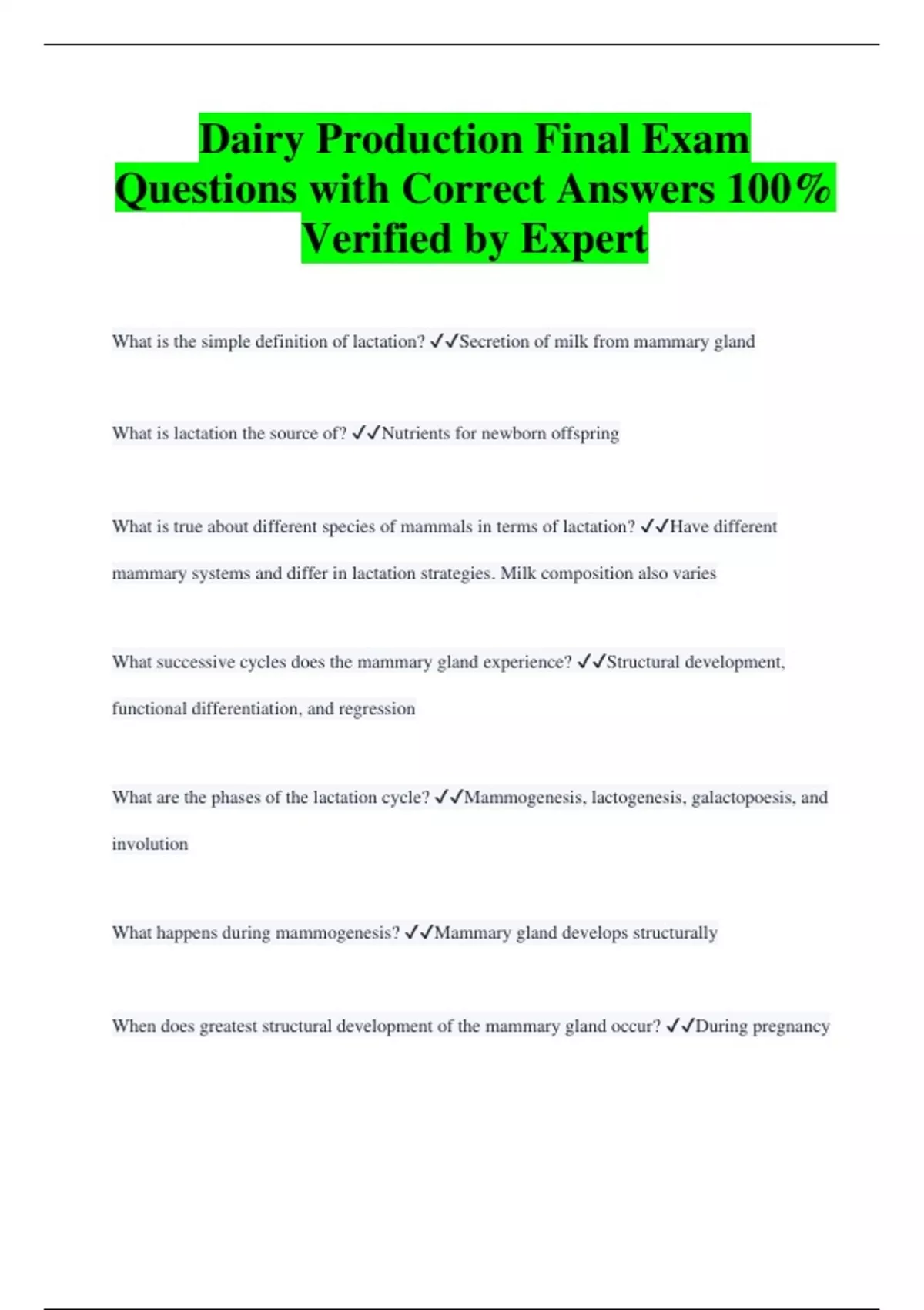 Dairy Production Final Exam Questions with Correct Answers 100 Verified by Expert Dairy