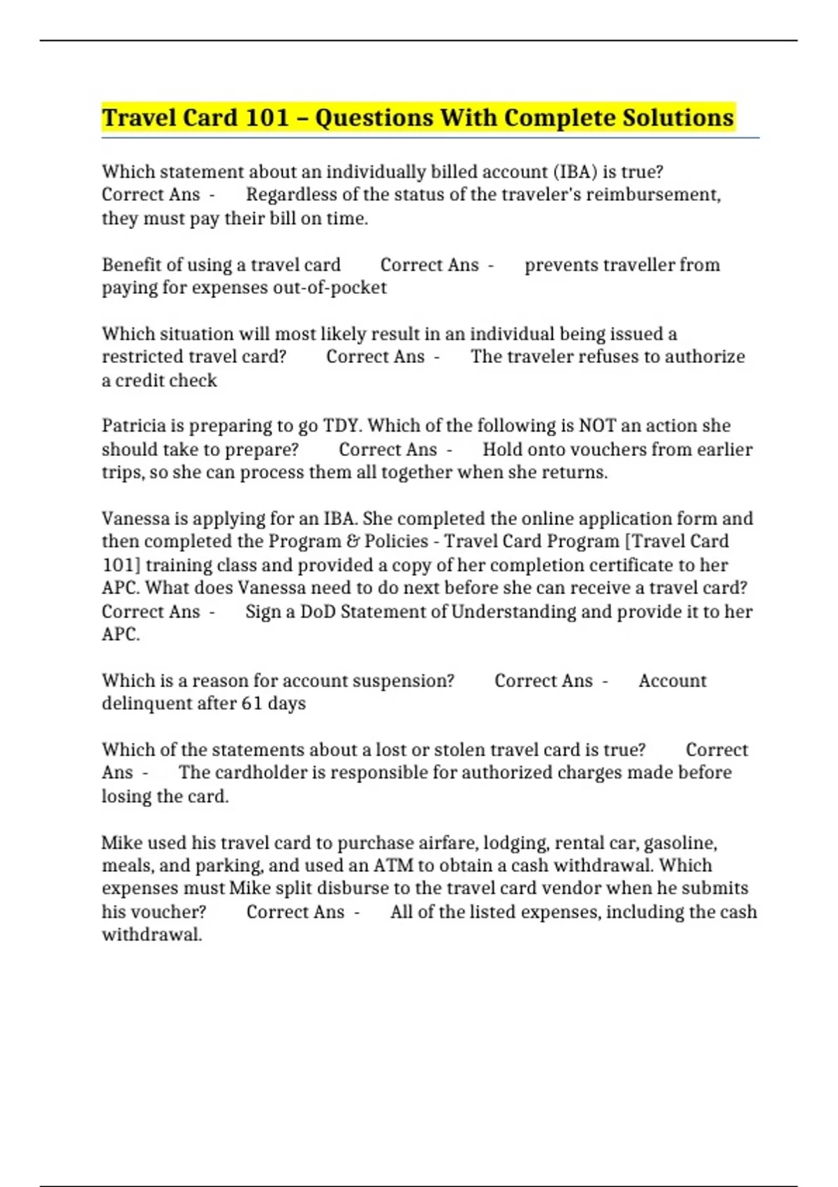 Travel Card 101 Questions With Complete Solutions GOVERNMENT TRAVEL