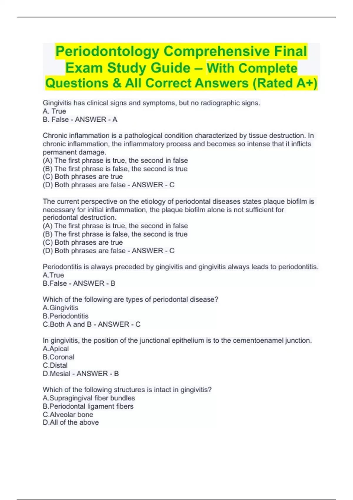 Periodontology Comprehensive Final Exam Study Guide With Complete