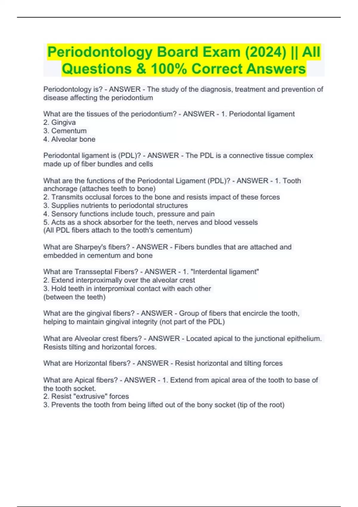 Periodontology Board Exam (2024) All Questions & 100 Correct