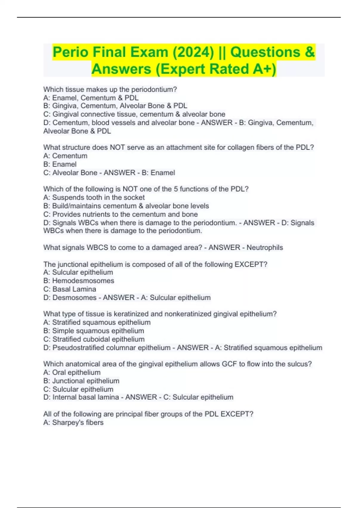Perio Final Exam (2024) || Questions & Answers (Expert Rated A+ ...
