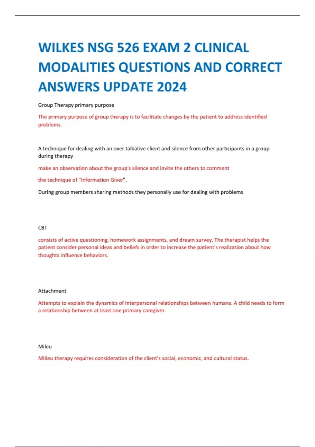 WILKES NSG 526 EXAM 2 CLINICAL MODALITIES QUESTIONS AND CORRECT ANSWERS ...