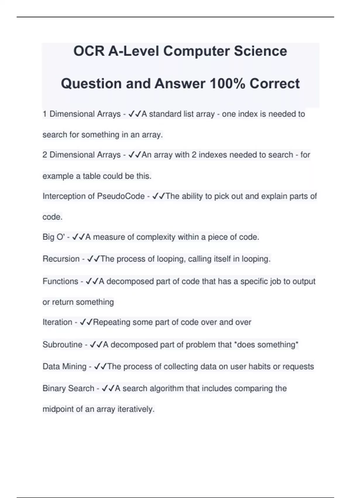 OCR A-Level Computer Science Question and Answer 100% Correct - OCR A ...