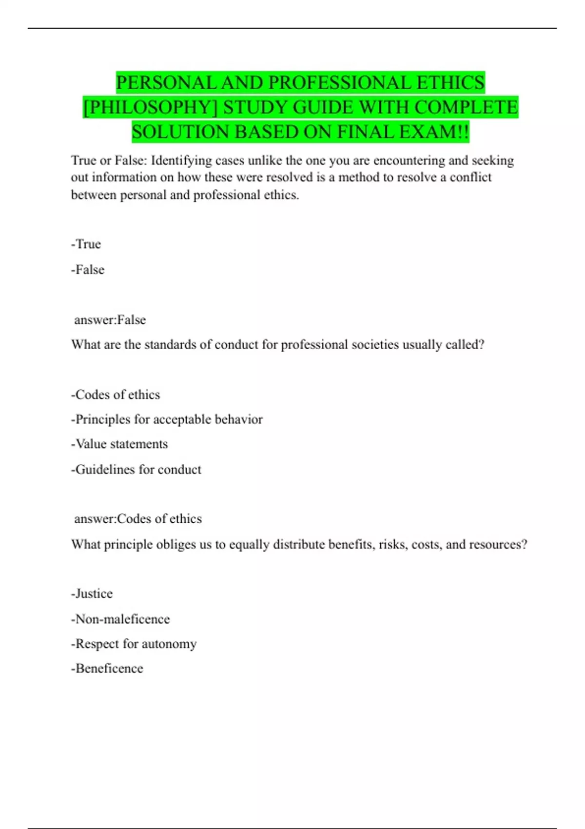 PERSONAL AND PROFESSIONAL ETHICS [PHILOSOPHY] STUDY GUIDE WITH COMPLETE ...