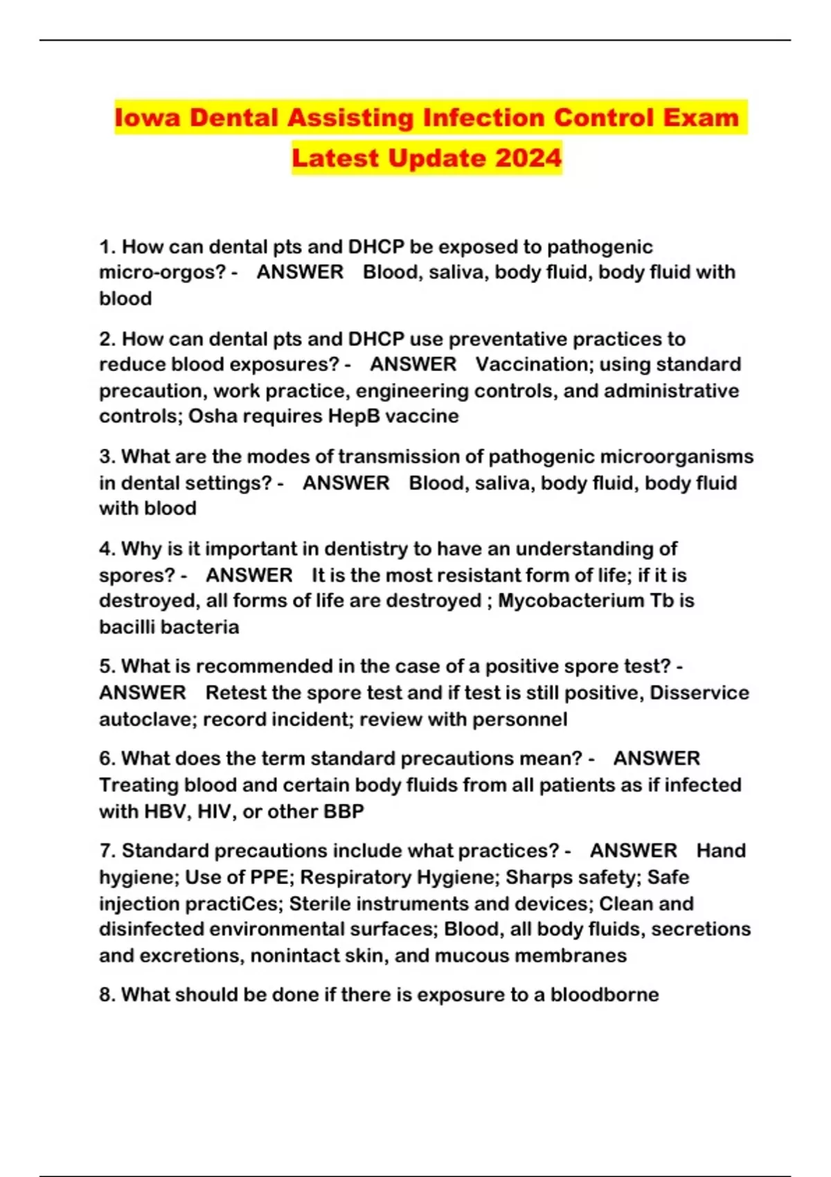 Iowa Dental Assisting Infection Control Exam Latest Update 2024 Iowa