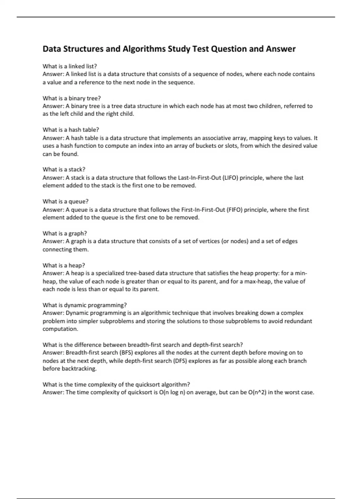 Data Structures and Algorithms Study Test Question and Answer - Data ...