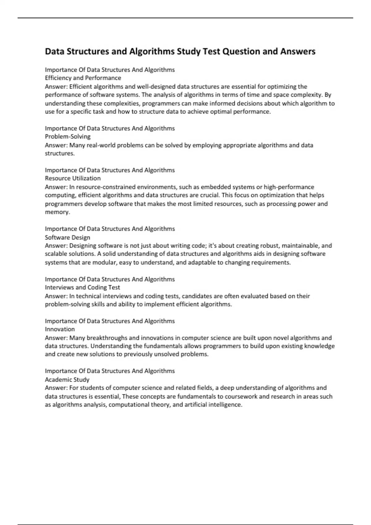Data Structures and Algorithms Study Test Question and Answers - Data ...