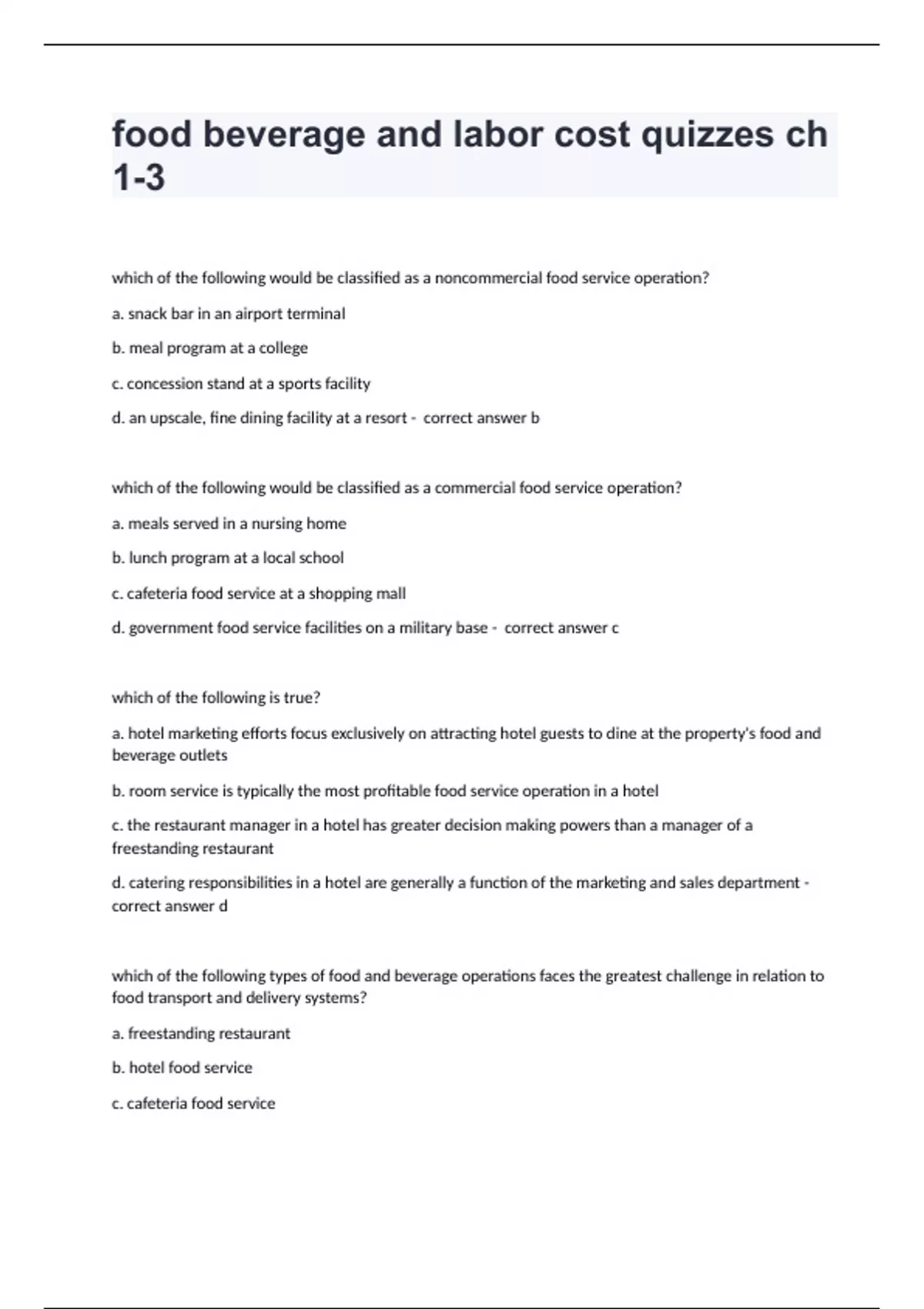 food beverage and labor cost quizzes ch 13 Question and answers