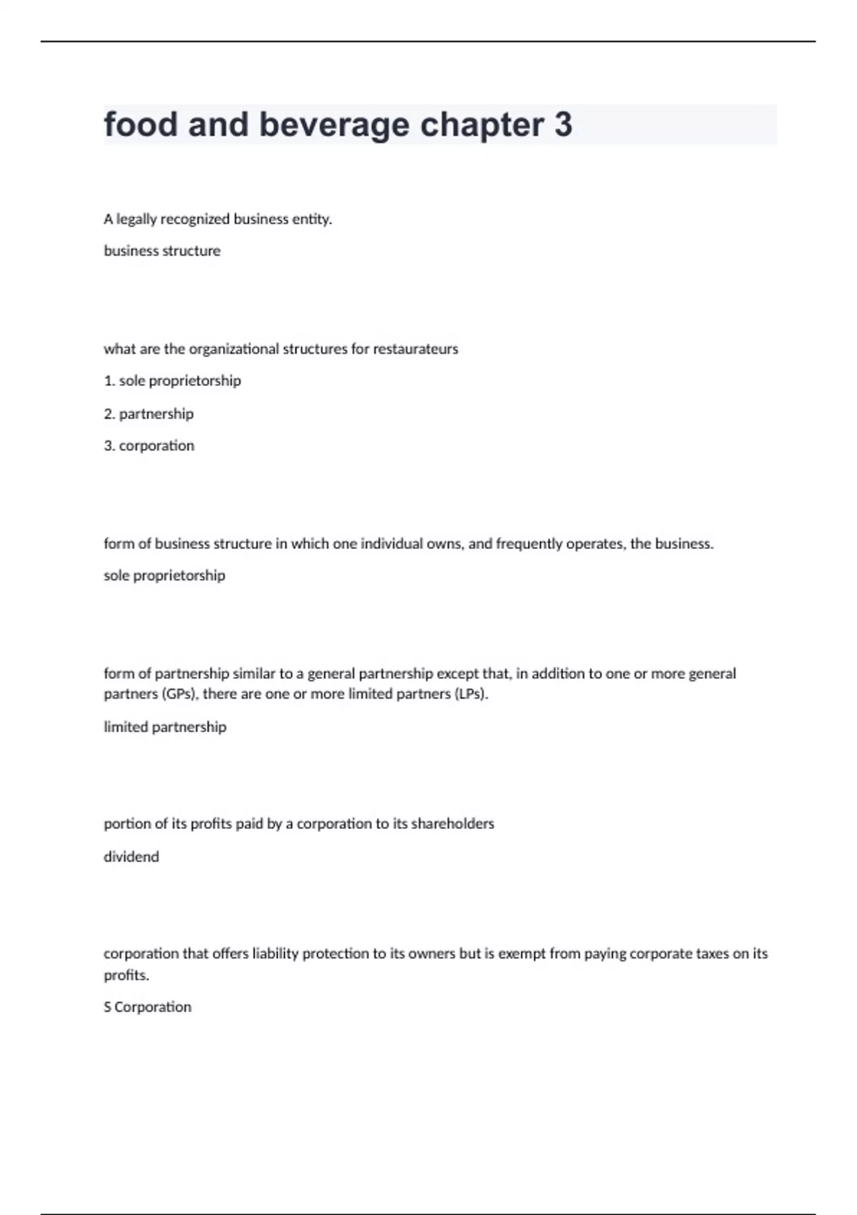 food and beverage chapter 3 Question and answers 2024 verified to pass