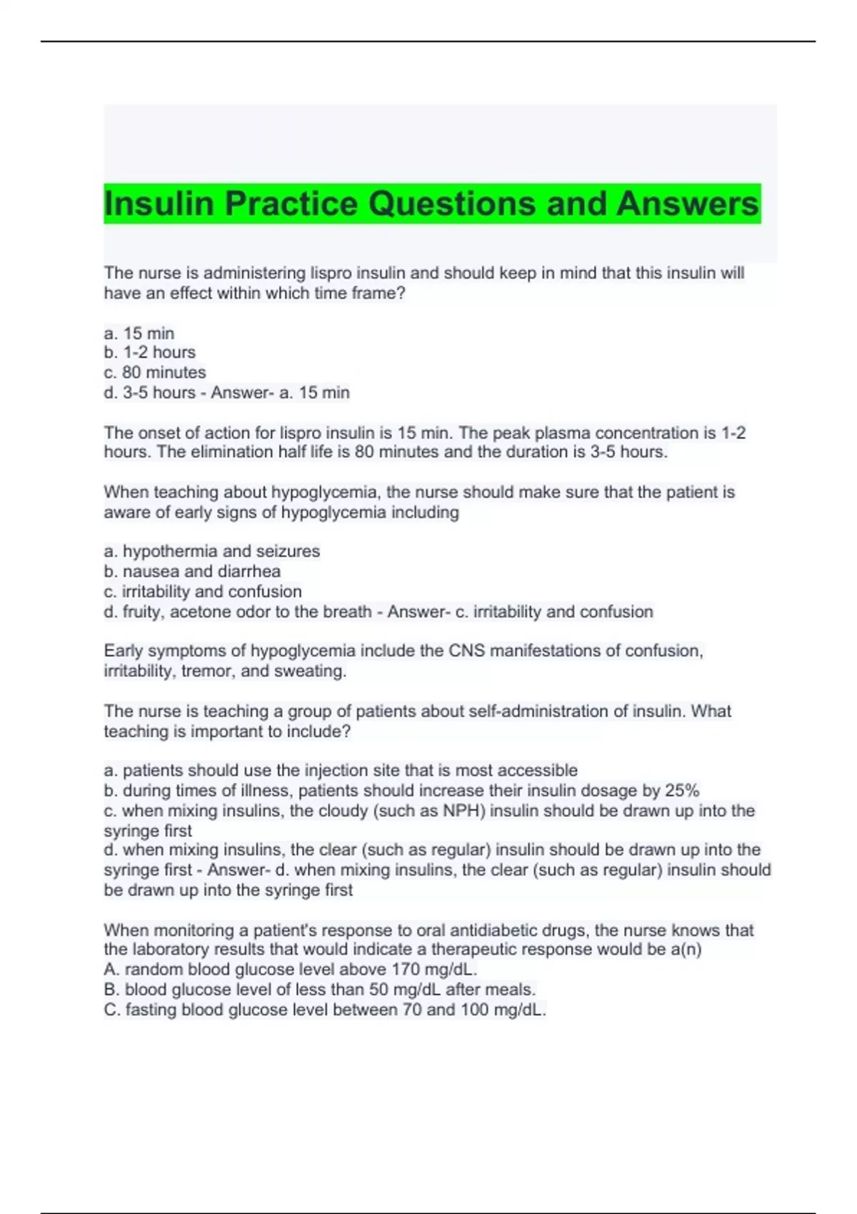 Insulin Practice Questions and Answers - Qma Insulin - Stuvia US