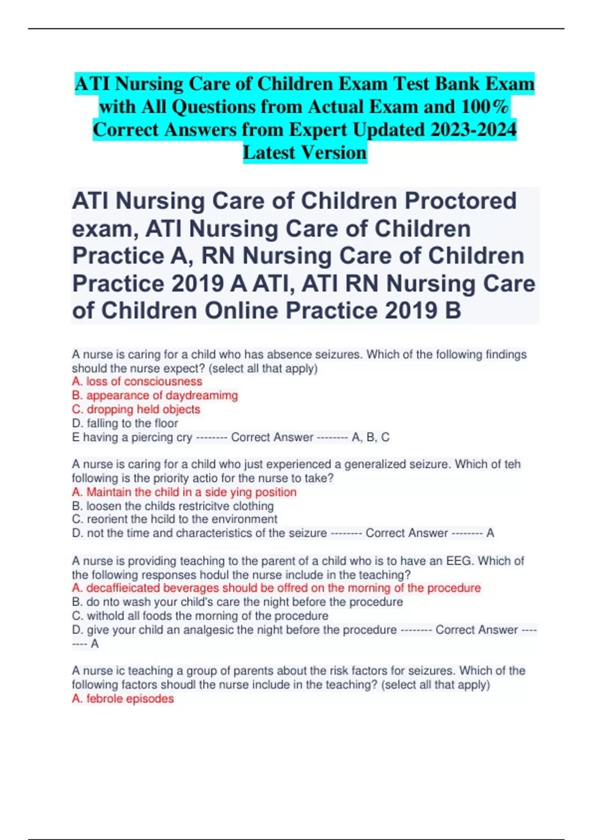 ATI Nursing Care of Children Exam Test Bank Exam with All Questions from Actual Exam and 100% ...