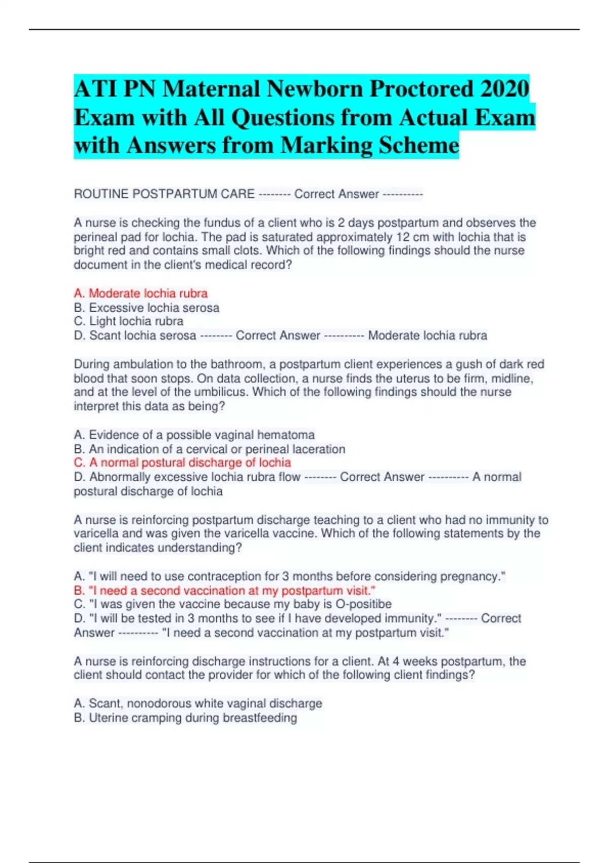 ATI PN Maternal Newborn Proctored 2020 Exam with All Questions from Actual Exam with Answers ...