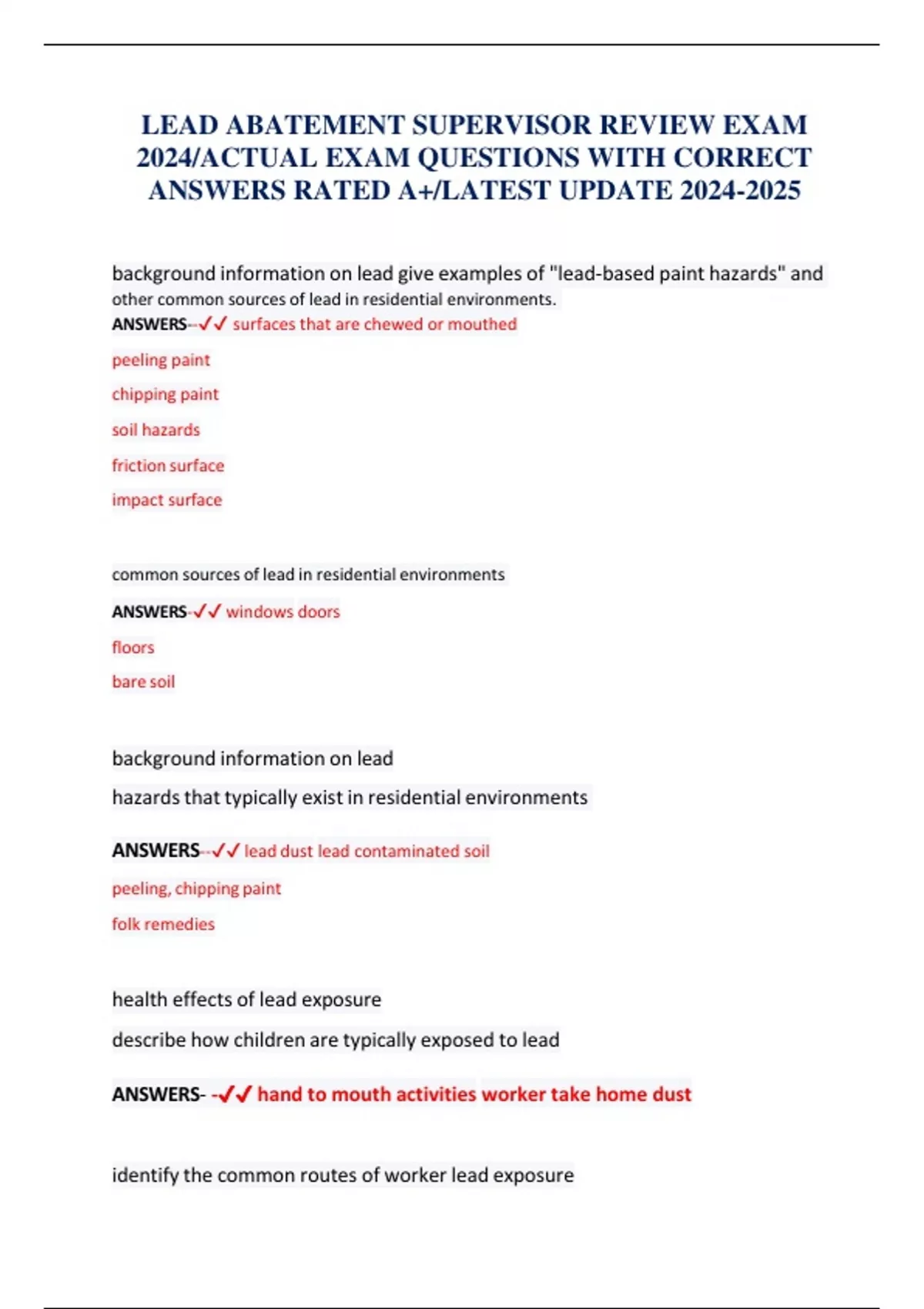LEAD ABATEMENT SUPERVISOR REVIEW EXAM 2024/ACTUAL EXAM QUESTIONS WITH