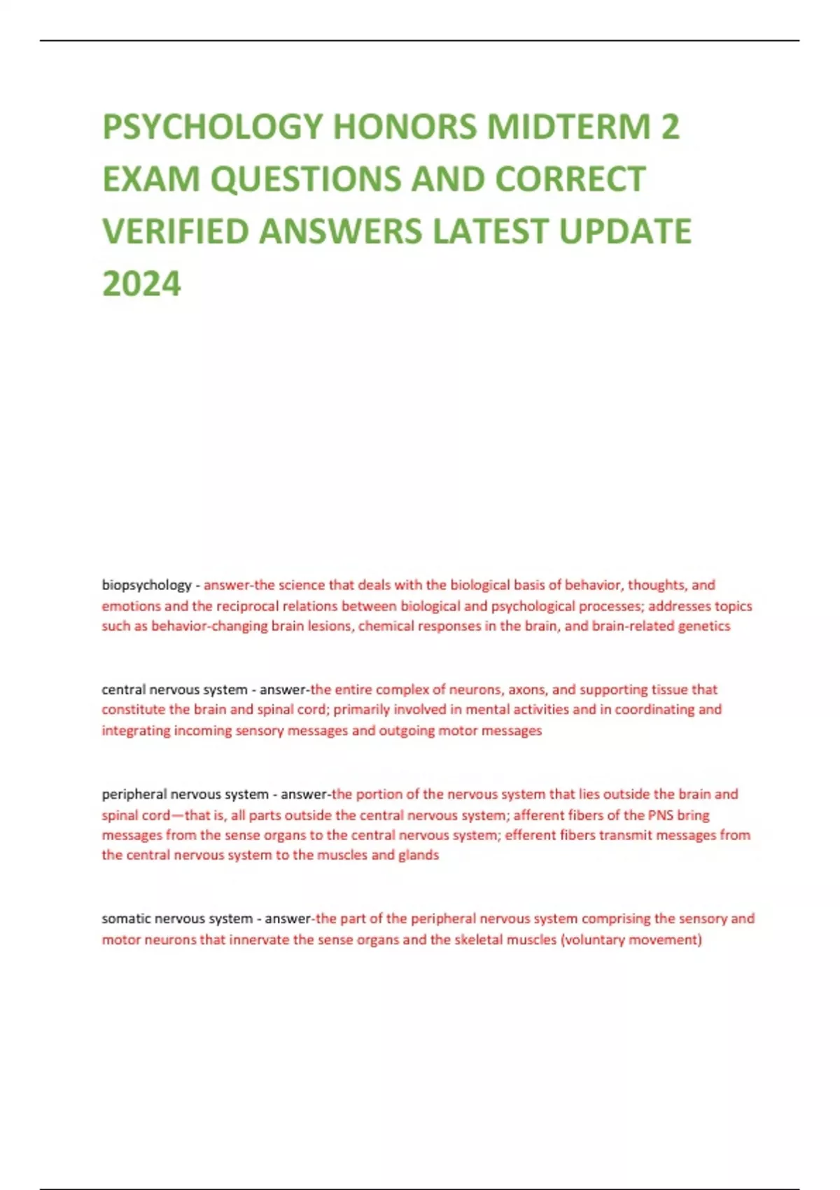 PSYCHOLOGY HONORS MIDTERM 2 EXAM QUESTIONS AND CORRECT VERIFIED ANSWERS ...