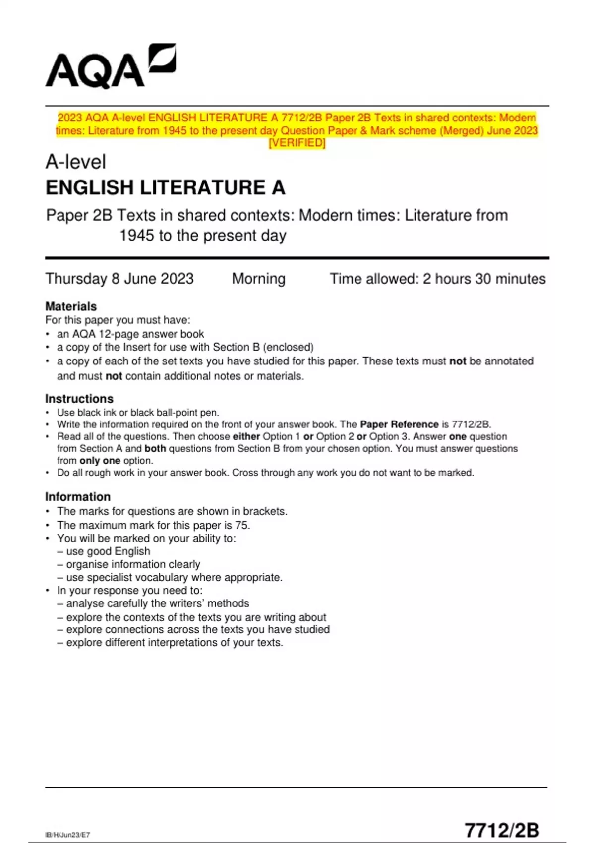 2023 AQA A-level ENGLISH LITERATURE A 7712/2B Paper 2B Texts in shared ...