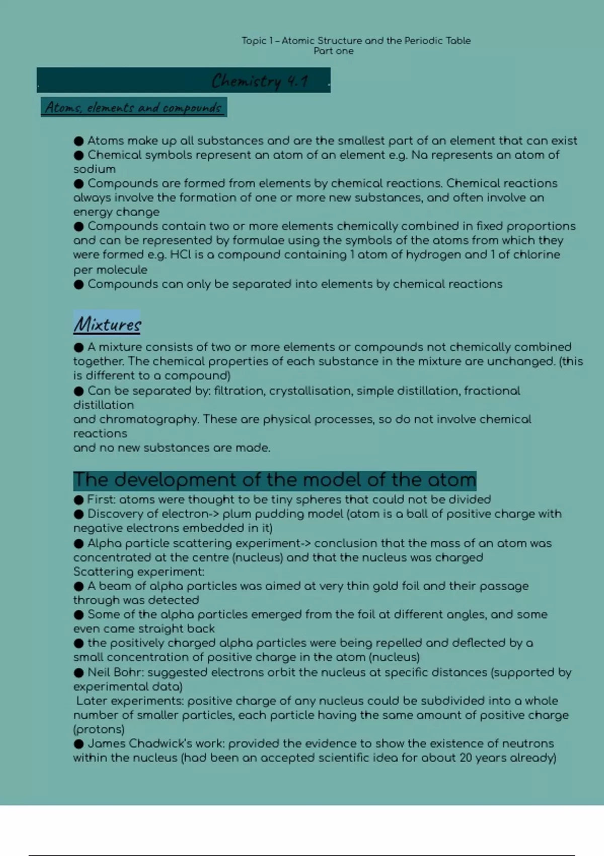 Summary Chemistry 4.1: Topic 1 – Atomic Structure and the Periodic ...