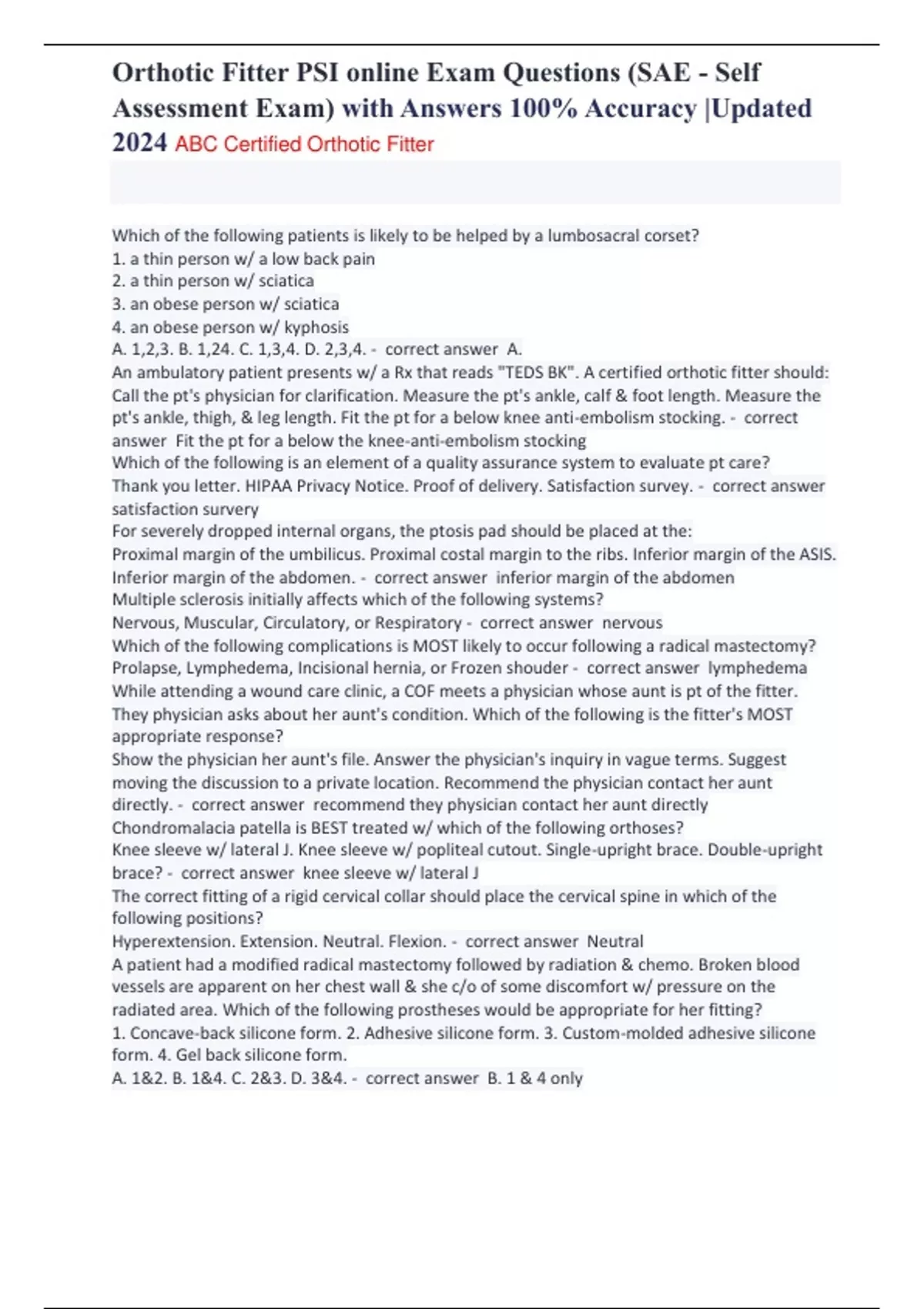 Orthotic Fitter PSI online Exam Questions (SAE Self Assessment Exam