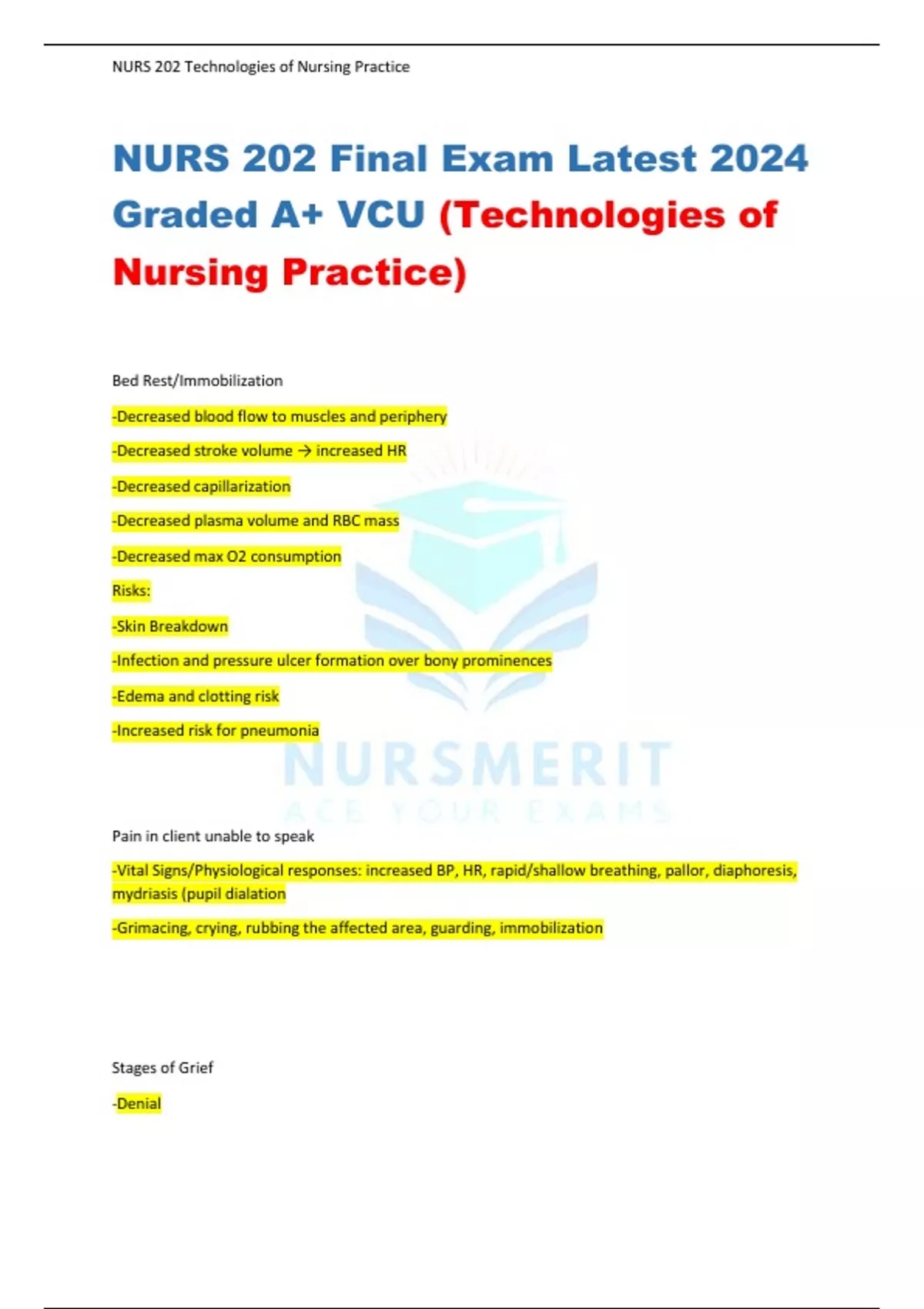 NURS 202 Final Exam Latest 2024 Graded A+ VCU (Technologies of Nursing ...