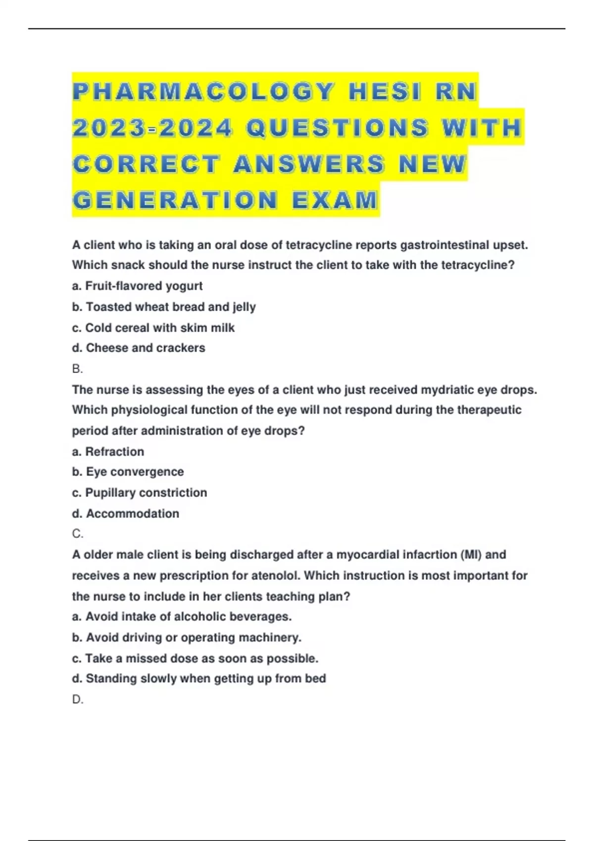 PHARMACOLOGY HESI RN QUESTIONS WITH CORRECT ANSWERS NEW GENERATION EXAM ...