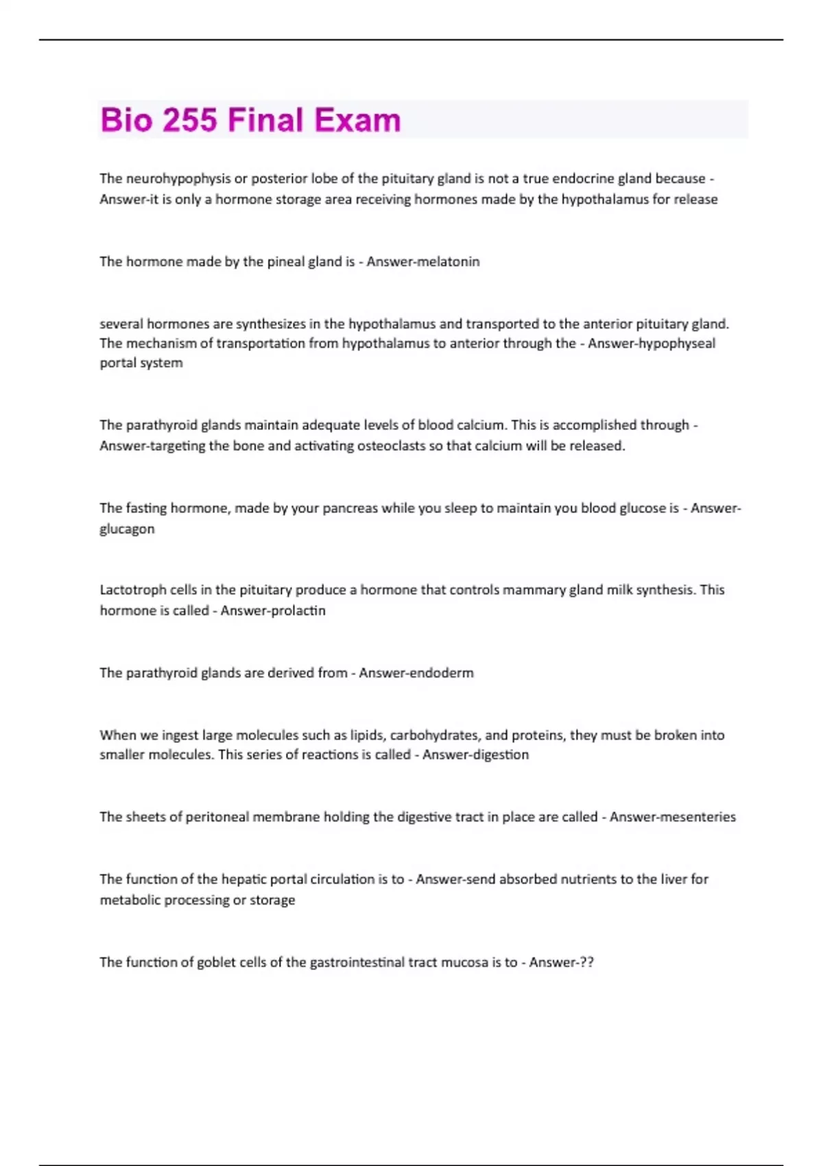 Bio 255 Final Exam Questions and Answers 100% Solved correctly - Bio ...
