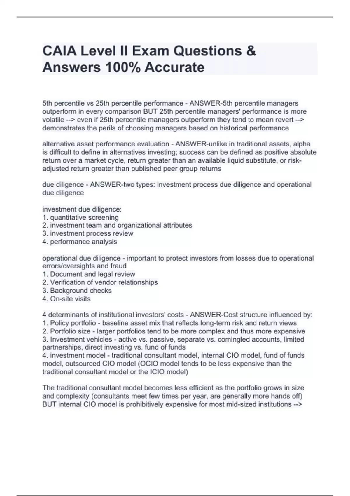 CAIA Level II Exam Questions & Answers 100% Accurate - CAIA Level