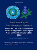 Wastewater Class D Texas License Study Guide Exam Questions Containing 194 Terms with Certified Solutions 2024-2025.