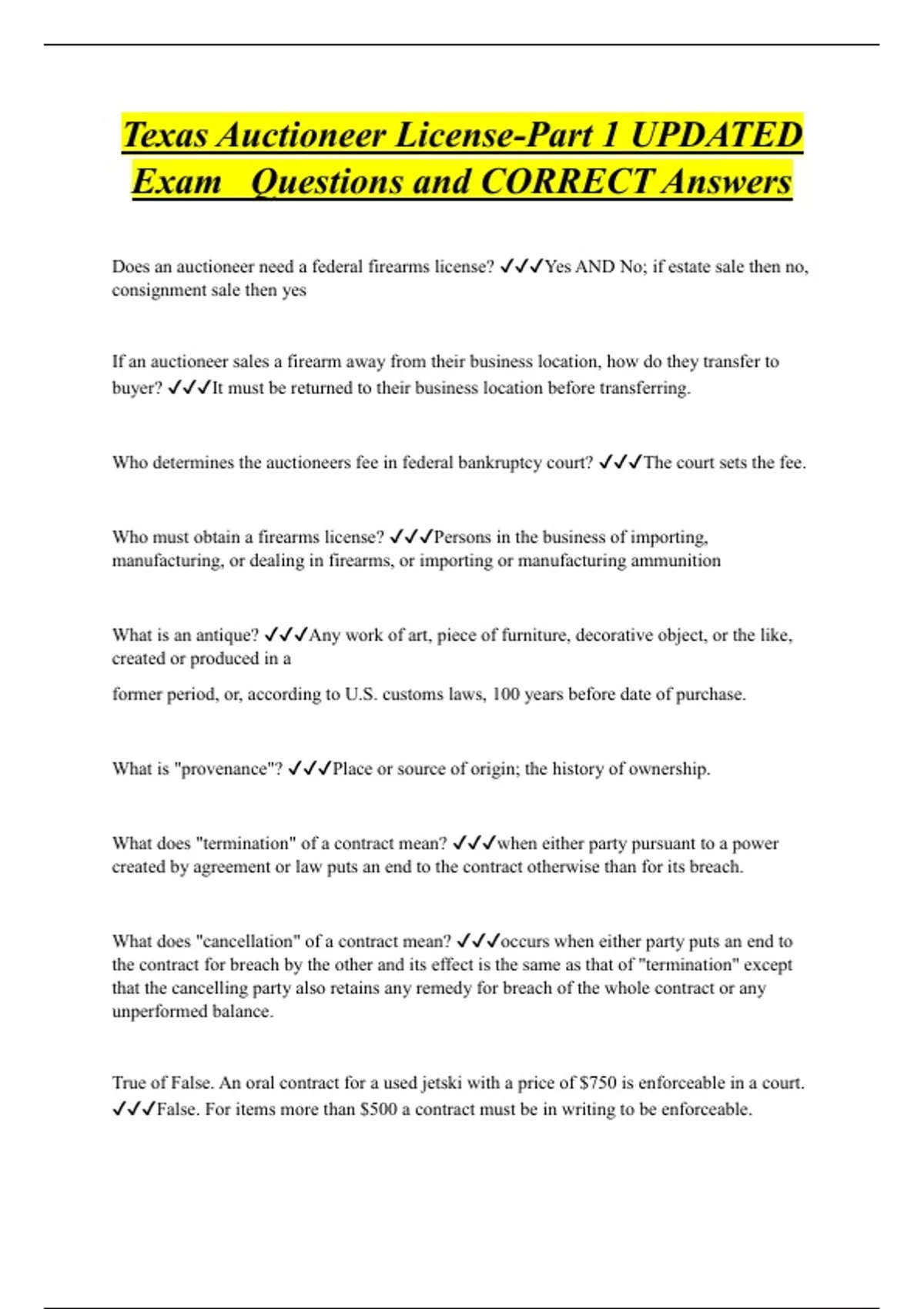 Texas Auctioneer LicensePart 1 UPDATED Exam Questions and CORRECT Answers Texas Auctioneer