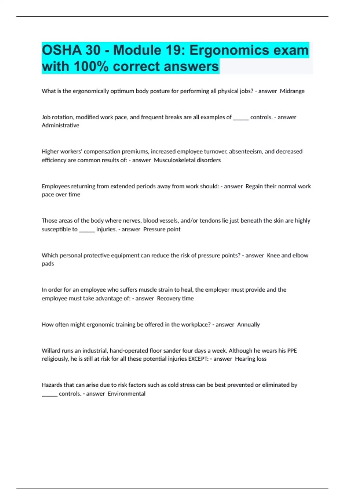 OSHA 30 Module 19 Ergonomics exam with 100 correct answers OSHA