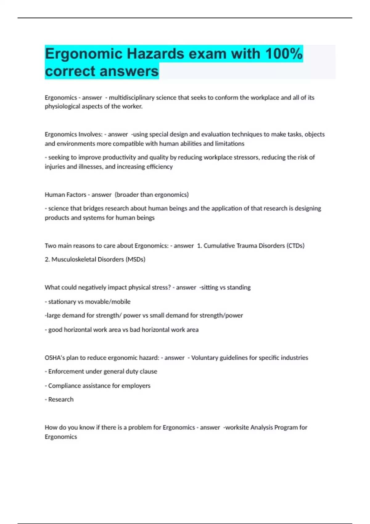 Ergonomic Hazards exam with 100 correct answers OSHA Ergonomics