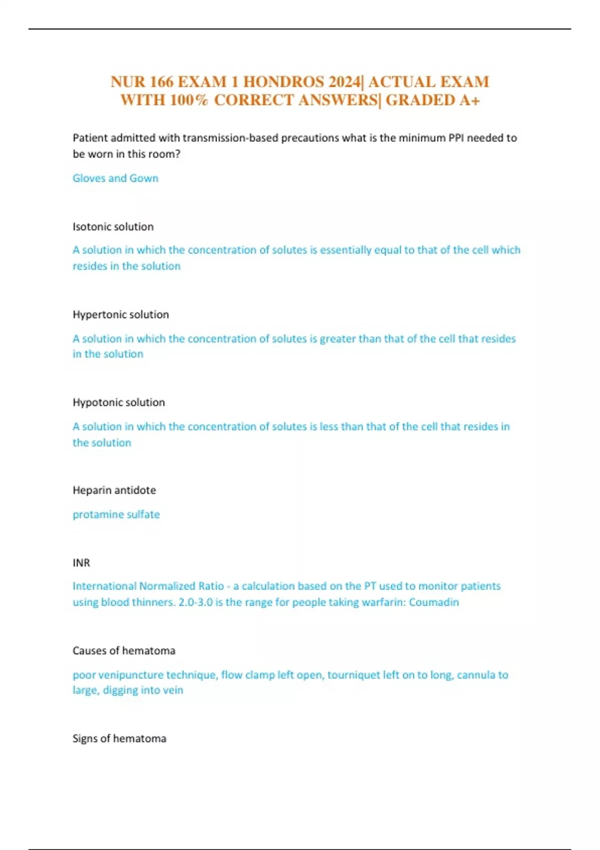 NUR 166 EXAM 1 HONDROS 2024| ACTUAL EXAM WITH 100% CORRECT ANSWERS ...