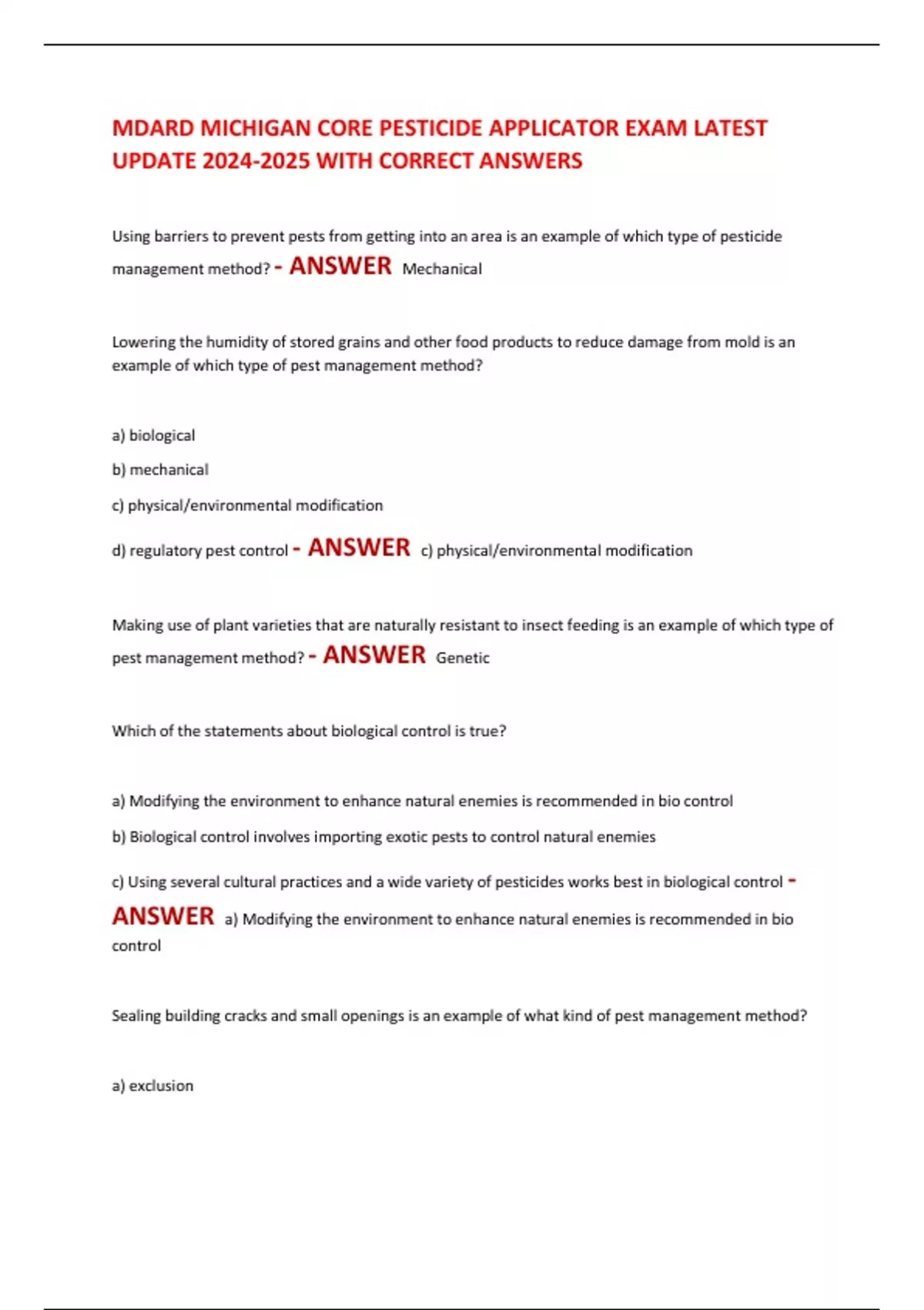 MDARD MICHIGAN CORE PESTICIDE APPLICATOR EXAM LATEST UPDATE WITH
