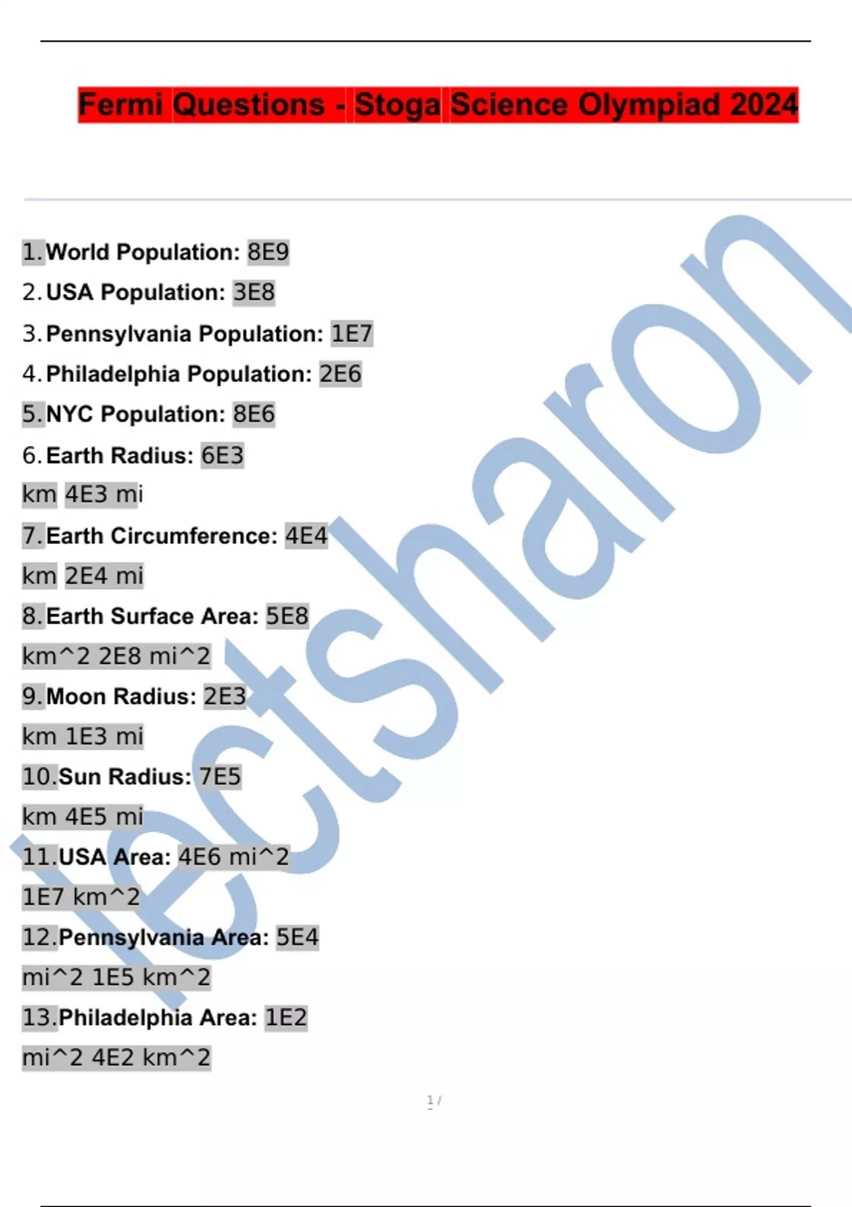 Fermi Questions and Answers Stoga Science Olympiad 2024 Guide with