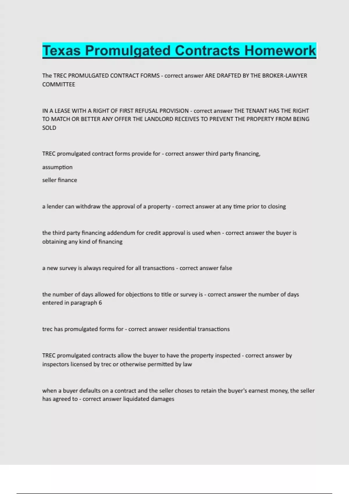 Texas Promulgated Contracts Homework Correct answers latest update 2024