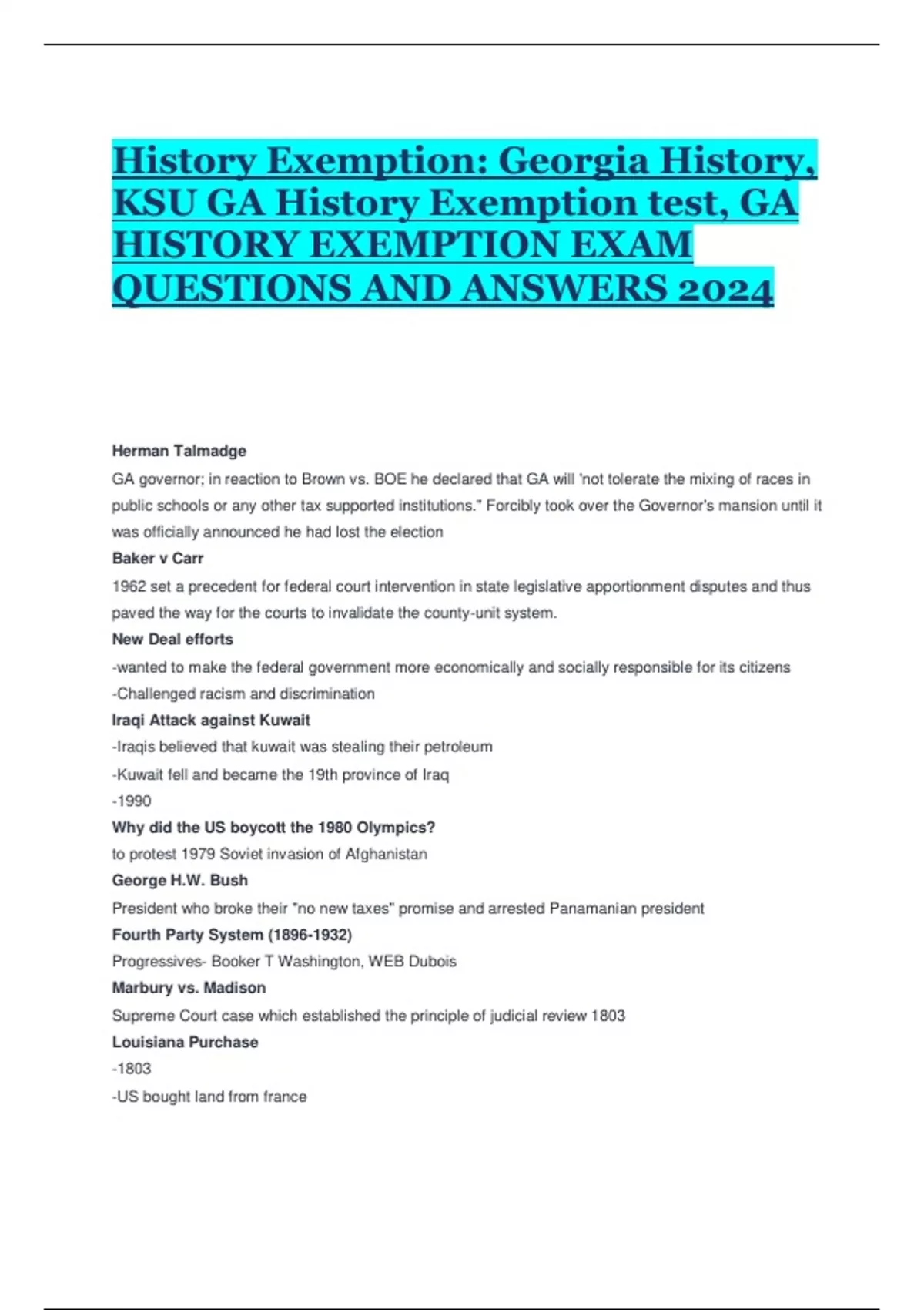 History Exemption History, KSU GA History Exemption test, GA