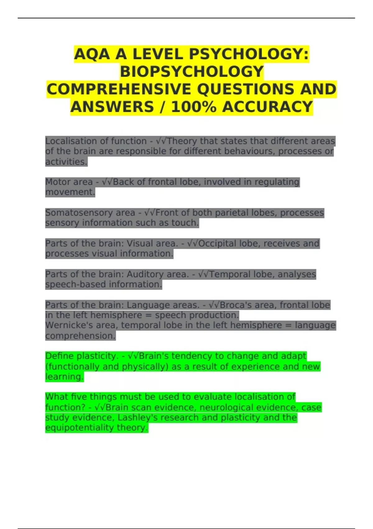 AQA A LEVEL PSYCHOLOGY: BIOPSYCHOLOGY COMPREHENSIVE QUESTIONS AND ...