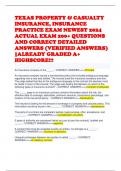 TEXAS PROPERTY & CASUALTY INSURANCE&comma; INSURANCE PRACTICE EXAM NEWEST 2024 ACTUAL EXAM 200&plus; QUESTIONS AND CORRECT DETAILED ANSWERS &lpar;VERIFIED ANSWERS&rpar; &vert;ALREADY GRADED A&plus; HIGHSCORE&excl;&excl;&excl; 