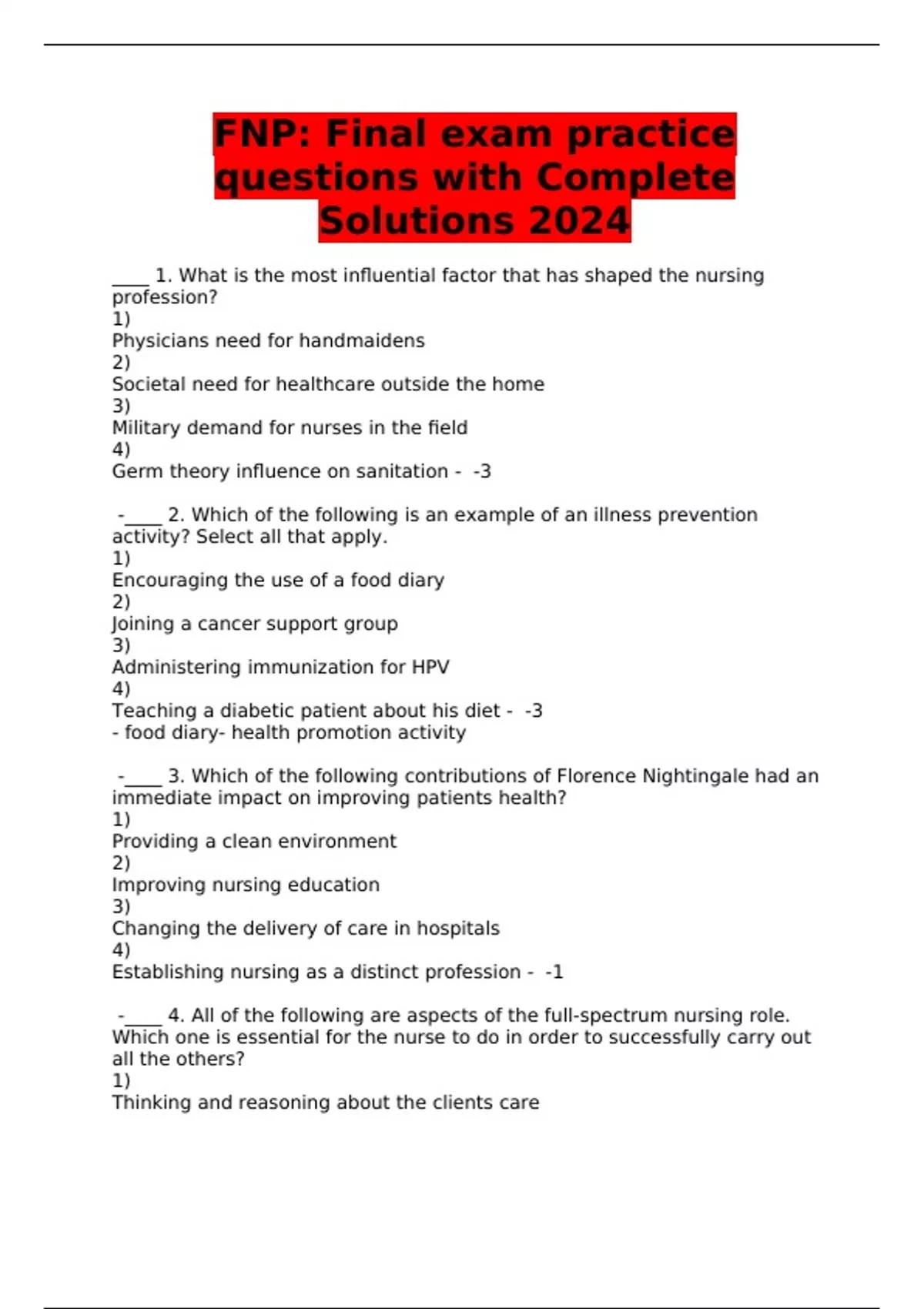 FNP: Final exam practice questions with Complete Solutions 2024 - FNP ...