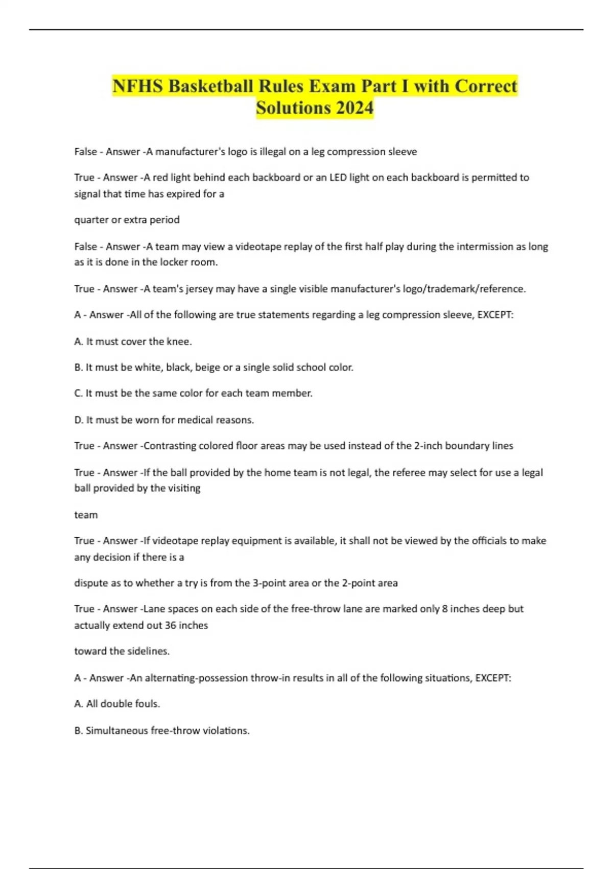 NFHS Basketball Rules Exam Part I with Correct Solutions 2024 NFHS