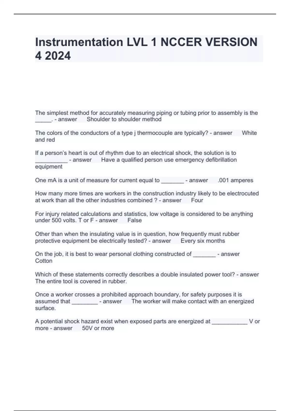 Instrumentation LVL 1 NCCER VERSION 4 2024 Questions and Answers 100