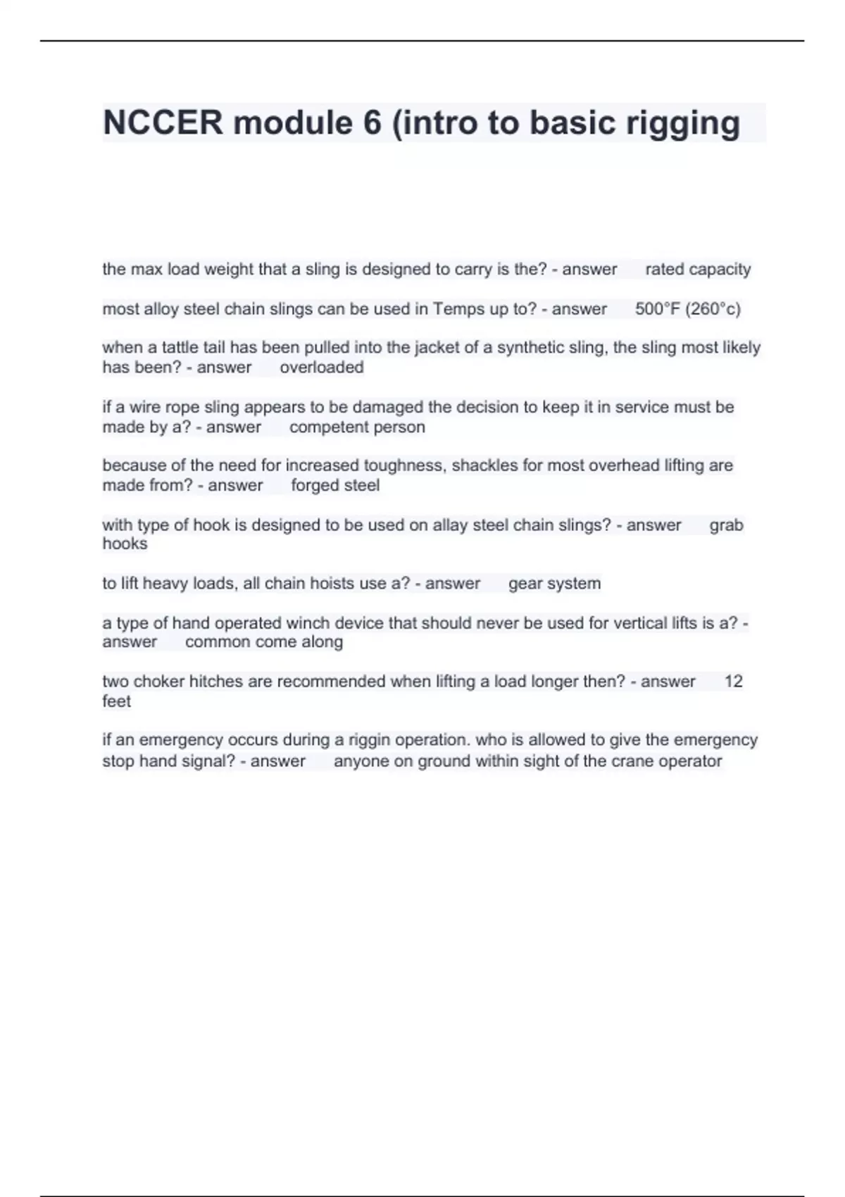 NCCER module 6 (intro to basic rigging Questions with solutions 2024